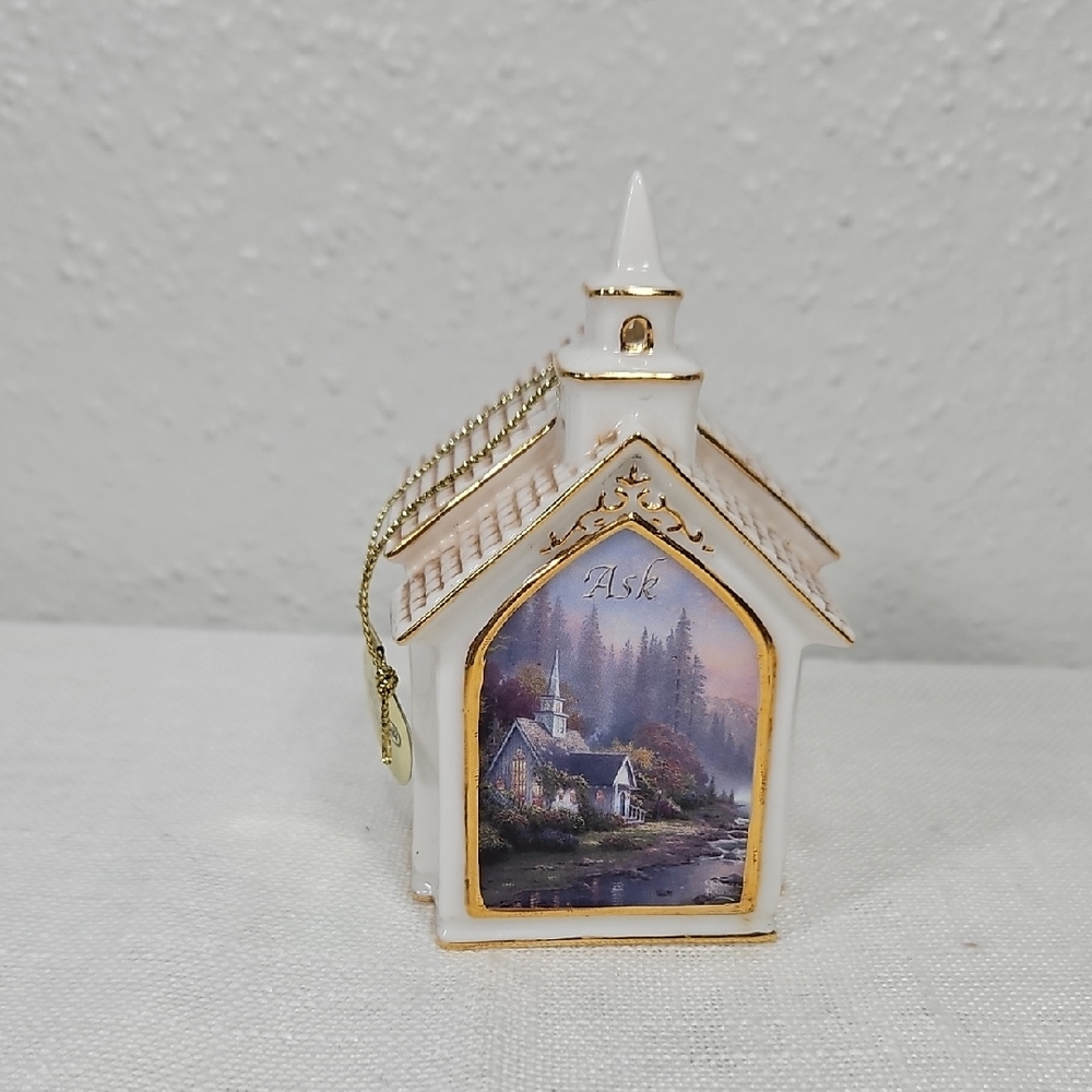 Thomas Kinkade 2001 Bradford Editions 'ASK' Cream and Gold Church Ornament